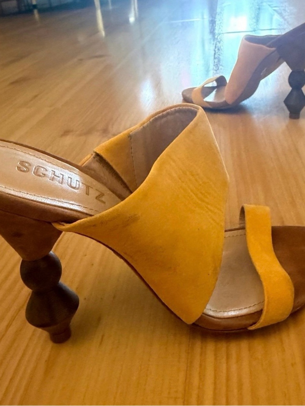 Schutz Mustard Yellow Suede Sculpted-Heel Slide Sandals